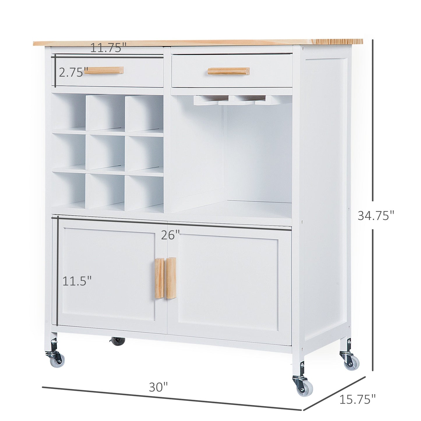 Portable Kitchen Trolley with Bamboo Top Storage Cabinet and Wine Rack (White) Kitchen Islands & Kitchen Carts   at Gallery Canada