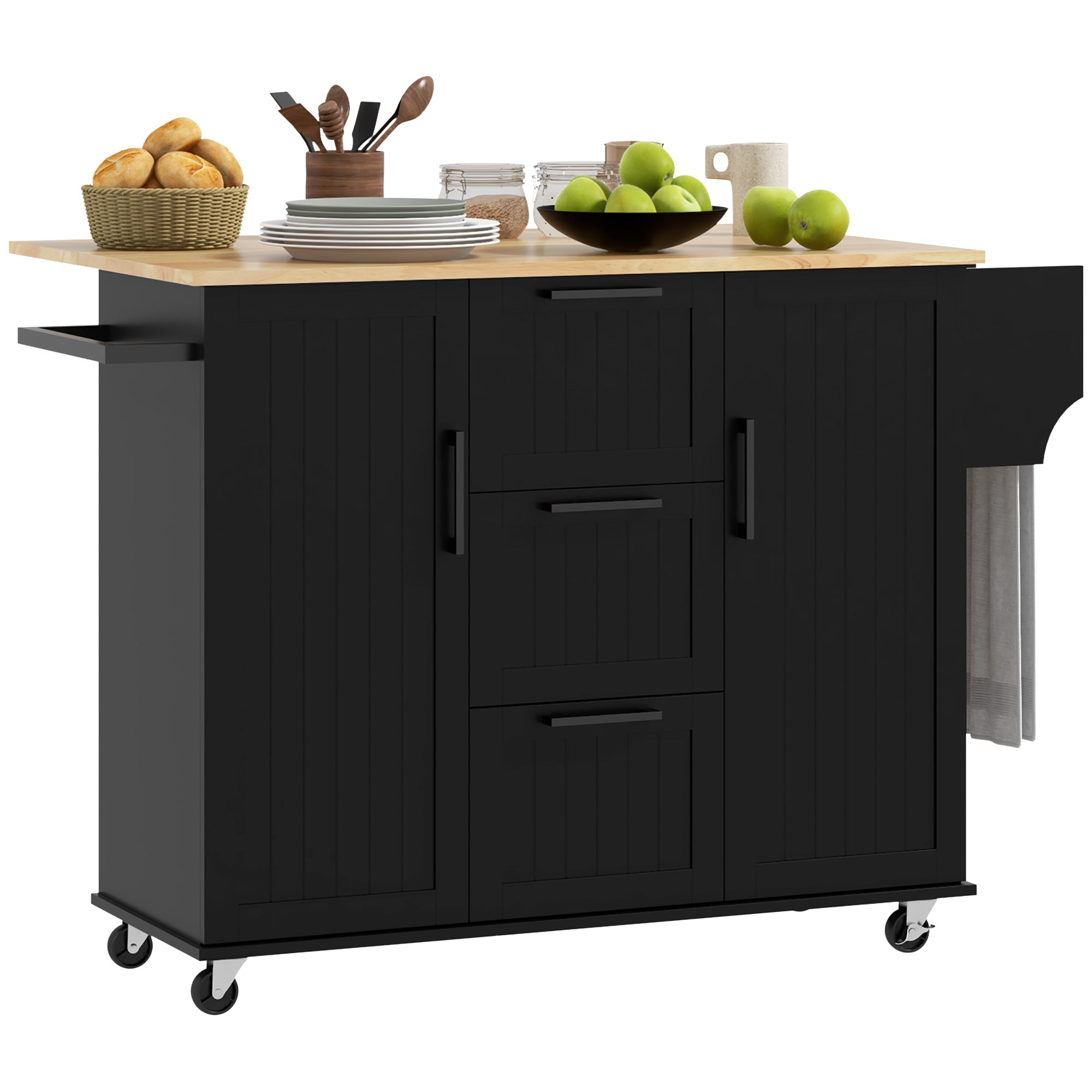 Rolling Kitchen Cart on Wheels with Drop Leaf, Kitchen Island with 3 Drawers, Solid Wood Top and Towel Rack, Black Kitchen Islands & Kitchen Carts   at Gallery Canada