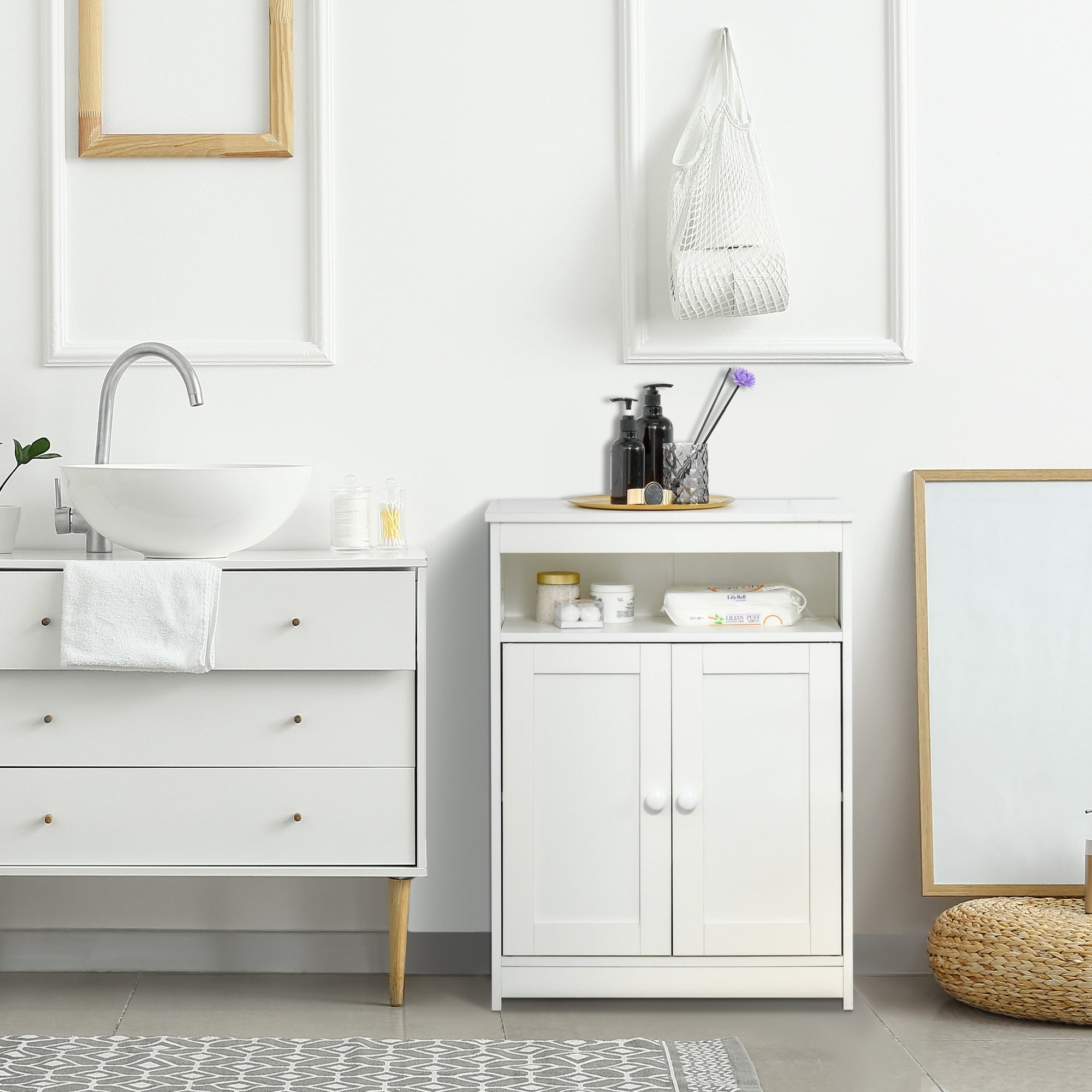 Accent Cabinet, Wood Free Standing Storage Organizer with Double Doors and Adjustable Shelf for Living Room, Kitchen, White Bathroom Cabinets at Gallery Canada