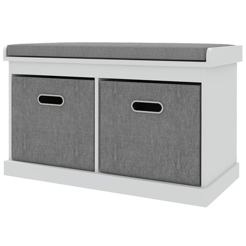 Shoe Storage Bench with Seat, Entryway Bench Seat with Cushion, 2 Fabric Drawers for Hallway, White