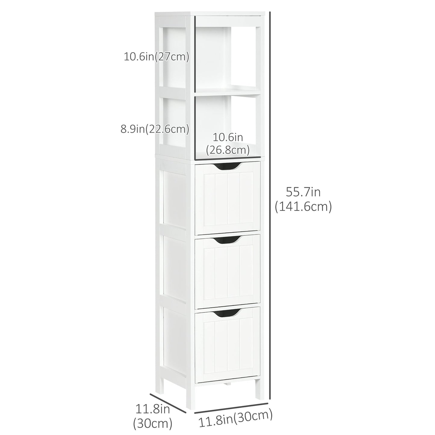 Narrow Bathroom Cabinet with 3 Drawers and 2 Tier Shelf, Tall Cupboard Freestanding Linen Tower, White Bathroom Cabinets   at Gallery Canada