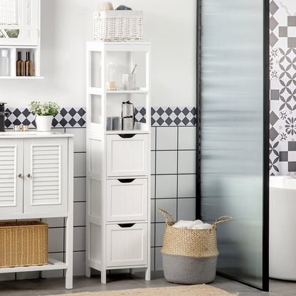 Narrow Bathroom Cabinet with 3 Drawers and 2 Tier Shelf, Tall Cupboard Freestanding Linen Tower, White Bathroom Cabinets   at Gallery Canada