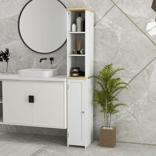 Narrow Bathroom Storage Cabinet, Freestanding Bathroom Cabinet with Open Shelves, Chevron Door and Adjustable Shelf, White