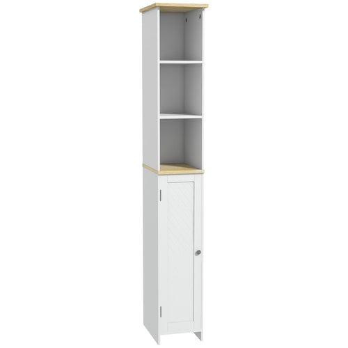 Narrow Bathroom Storage Cabinet, Freestanding Bathroom Cabinet with Open Shelves, Chevron Door and Adjustable Shelf, White