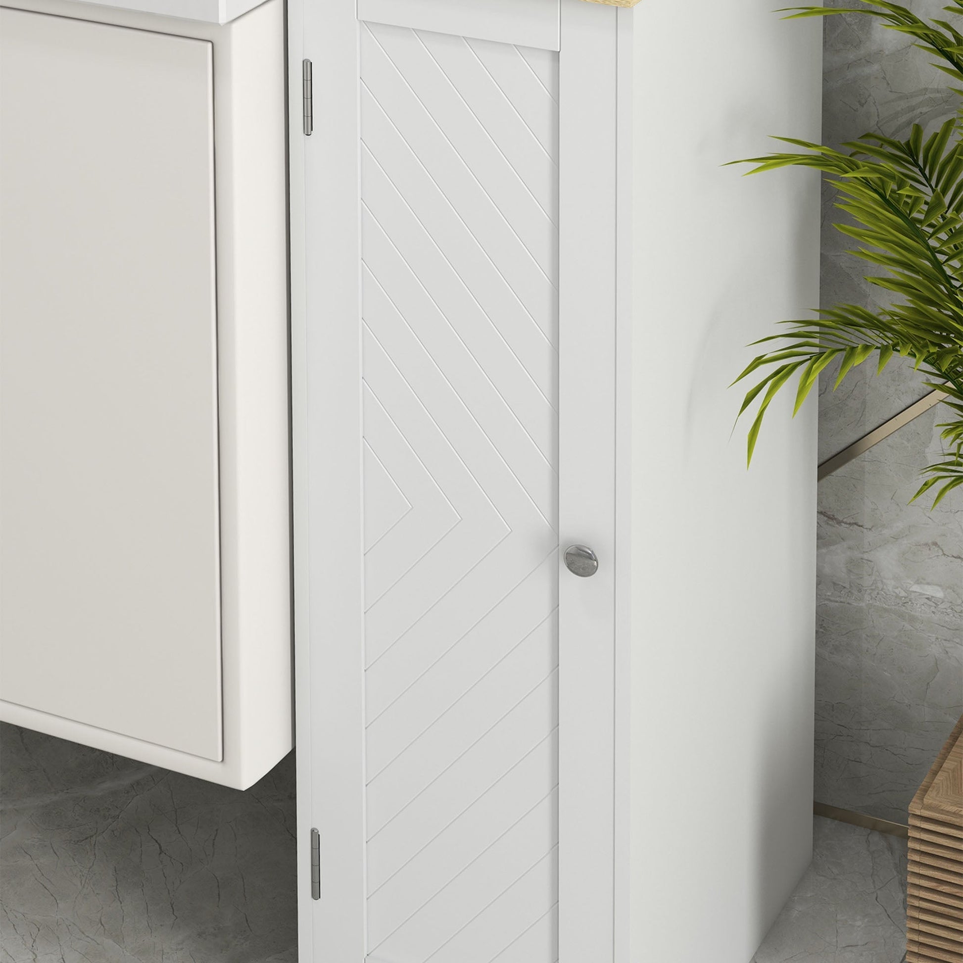 Narrow Bathroom Storage Cabinet, Freestanding Bathroom Cabinet with Open Shelves, Chevron Door and Adjustable Shelf, White Bathroom Cabinets   at Gallery Canada