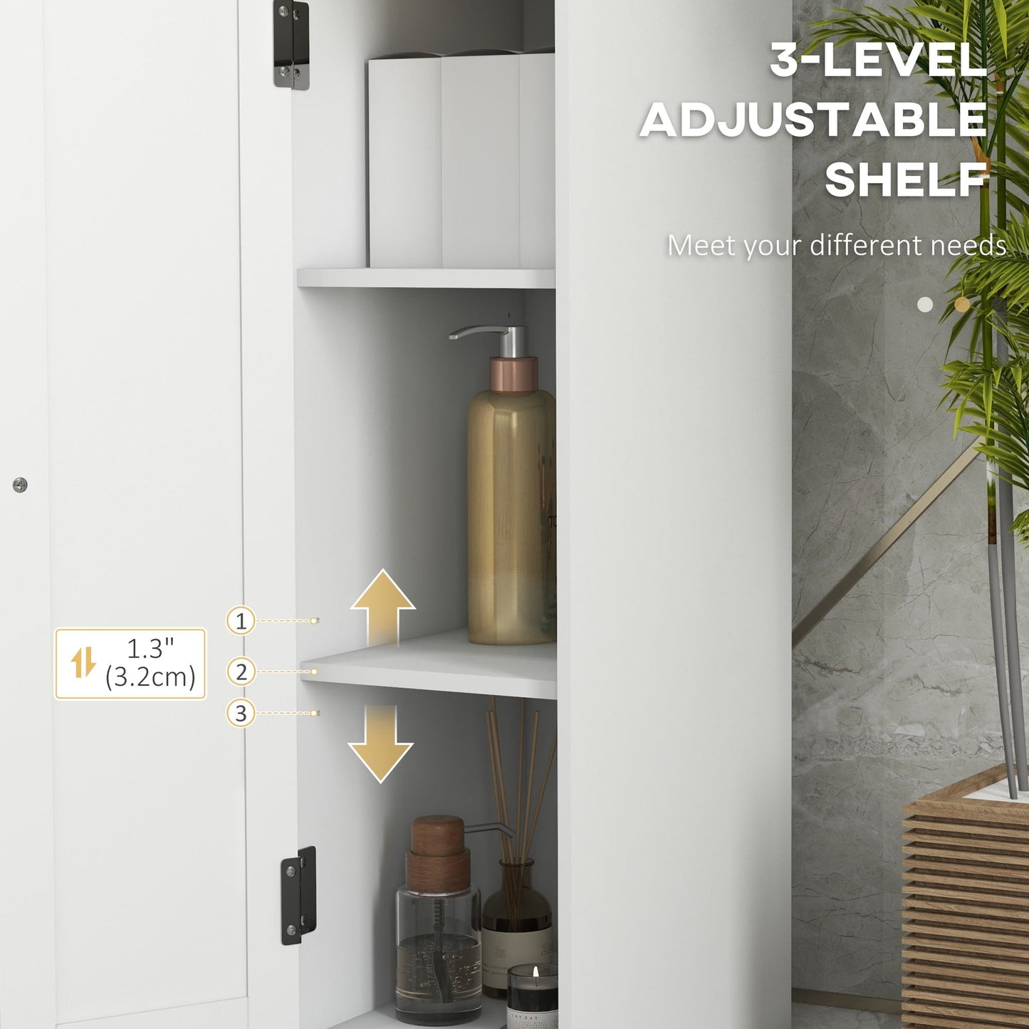 Narrow Bathroom Storage Cabinet, Freestanding Bathroom Cabinet with Open Shelves, Chevron Door and Adjustable Shelf, White Bathroom Cabinets   at Gallery Canada