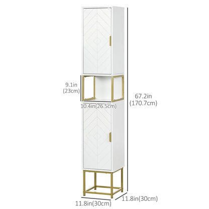 Narrow Bathroom Storage Cabinet, Freestanding Linen Towel with Adjustable Shelf, 2 Doors and Steel Base, White Bathroom Cabinets   at Gallery Canada