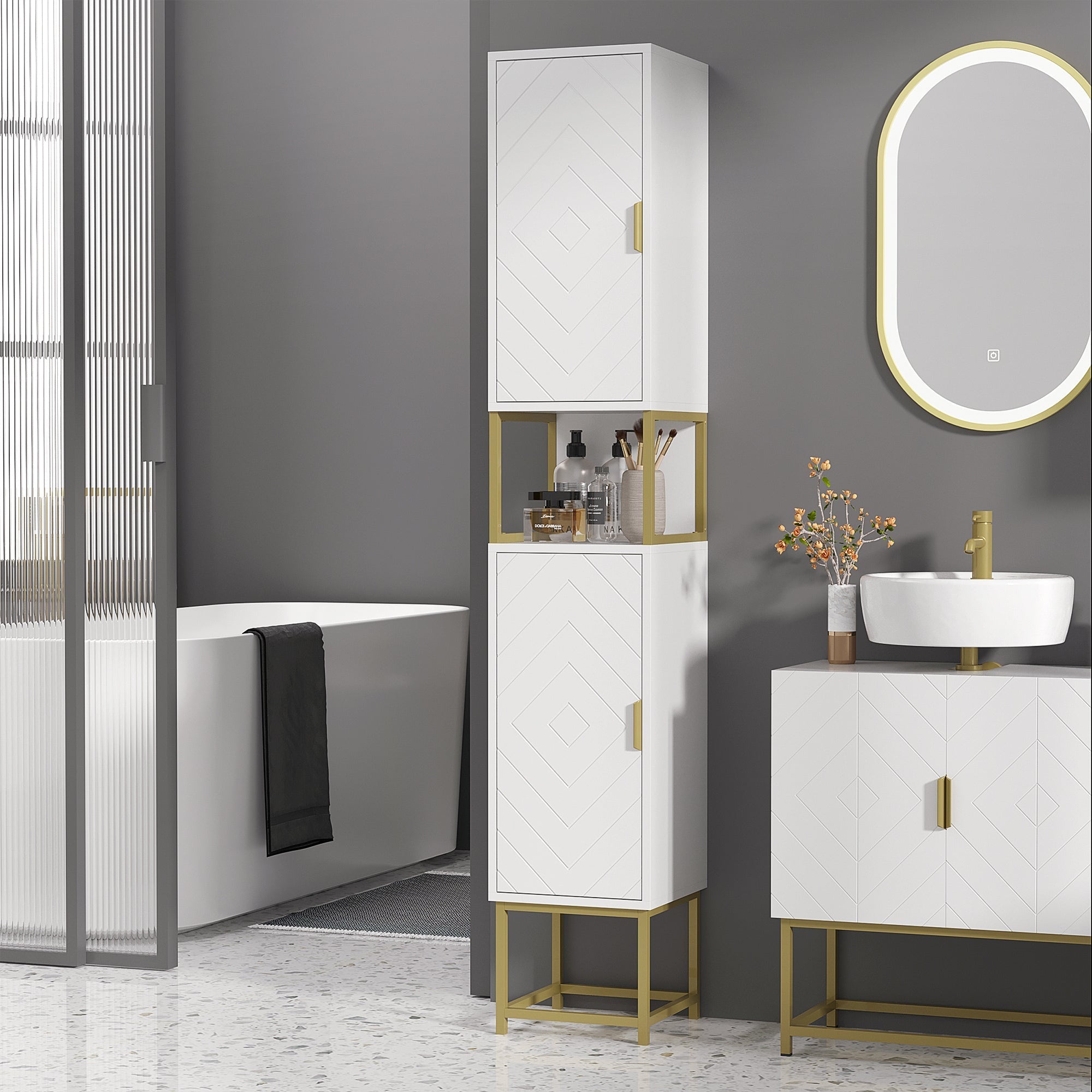 Narrow Bathroom Storage Cabinet, Freestanding Linen Towel with Adjustable Shelf, 2 Doors and Steel Base, White Bathroom Cabinets   at Gallery Canada