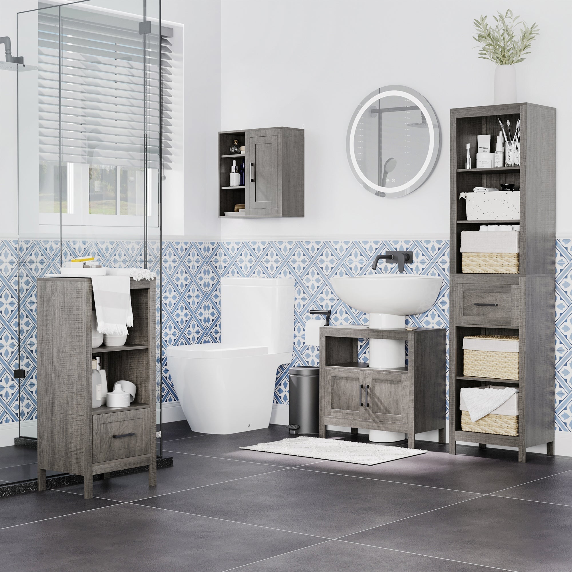 Narrow Bathroom Storage Cabinet with Drawer and 5 Tier Shelf, Tall Cupboard Freestanding Linen Towel, Grey Bathroom Cabinets   at Gallery Canada