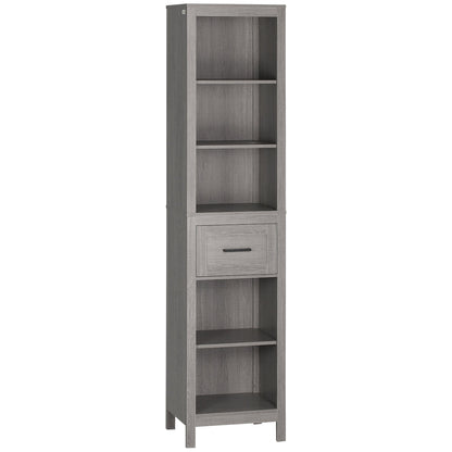 Narrow Bathroom Storage Cabinet with Drawer and 5 Tier Shelf, Tall Cupboard Freestanding Linen Towel, Grey Bathroom Cabinets Grey Wood Grain  at Gallery Canada