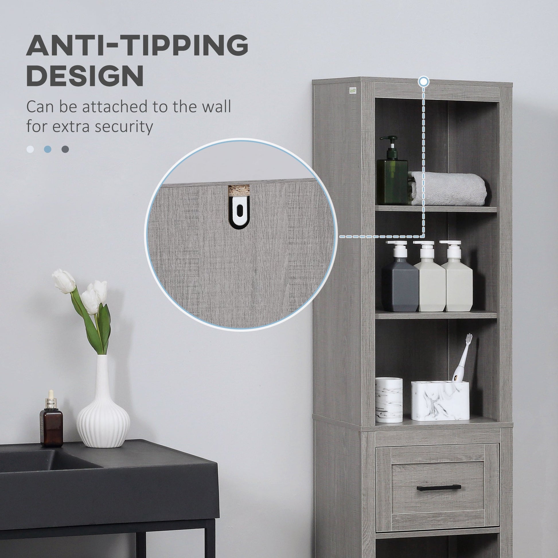 Narrow Bathroom Storage Cabinet with Drawer and 5 Tier Shelf, Tall Cupboard Freestanding Linen Towel, Grey Bathroom Cabinets   at Gallery Canada