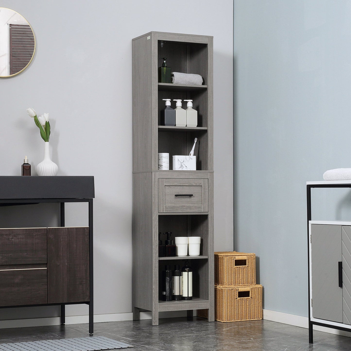 Narrow Bathroom Storage Cabinet with Drawer and 5 Tier Shelf, Tall Cupboard Freestanding Linen Towel, Grey Bathroom Cabinets   at Gallery Canada