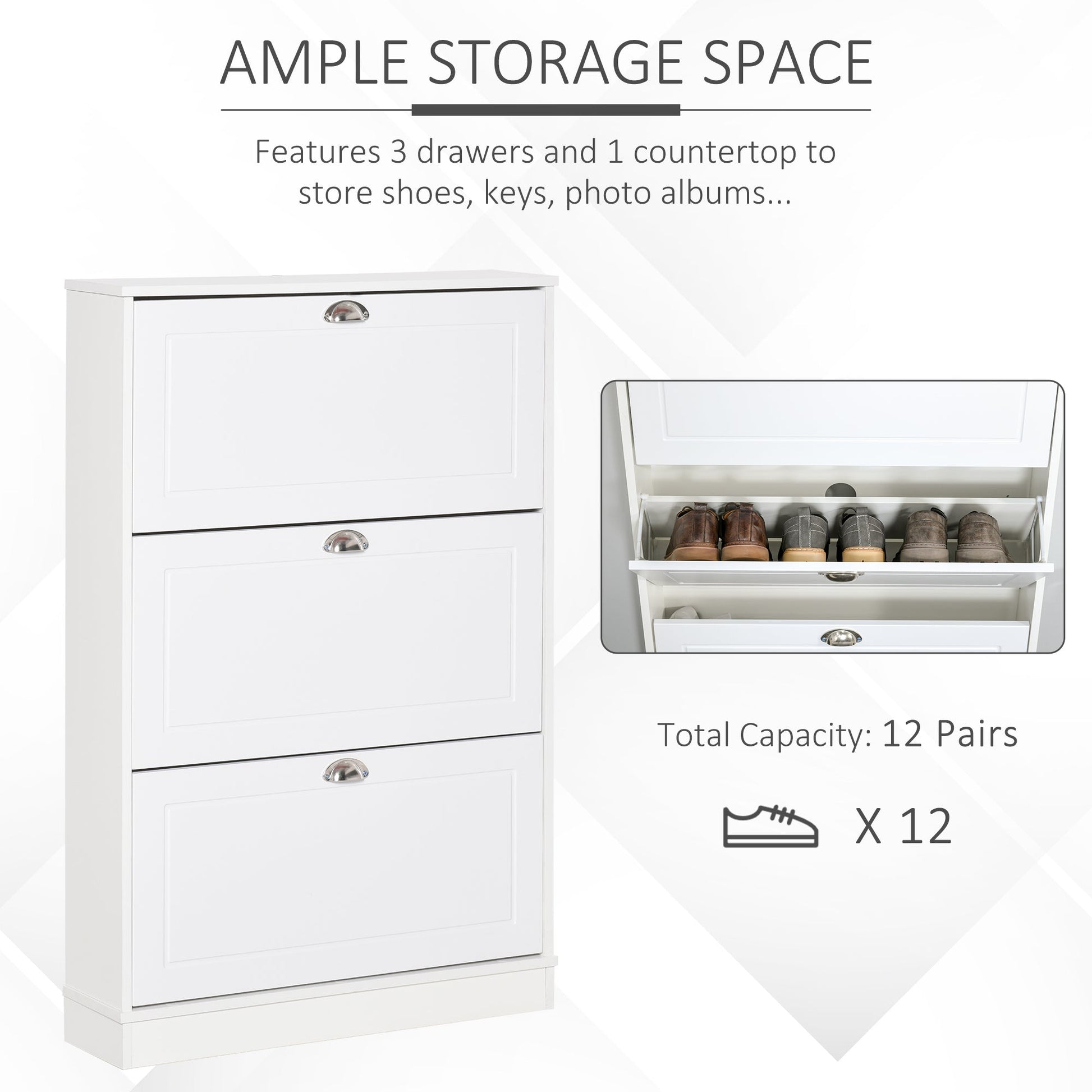 Narrow Shoe Storage Cabinet with 3 Flip Drawers, Entryway Shoe Cabinet for 12 Pairs of Shoes, White - Gallery Canada
