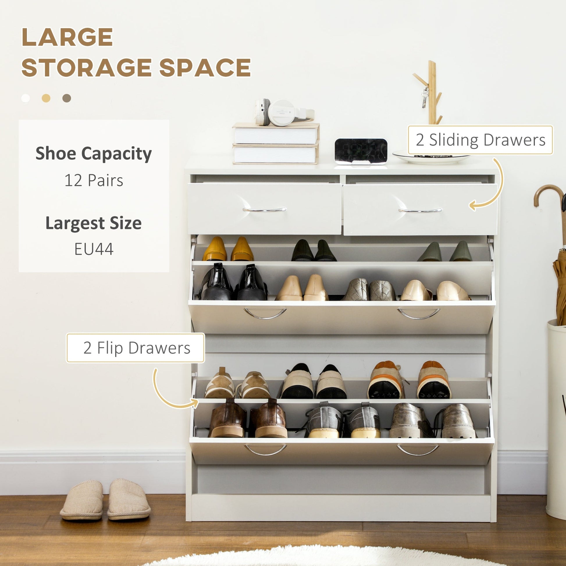 Narrow Shoe Storage with 2 Flip Drawers and Adjustable Shelves Shoe Cabinet Organizer for 12 Pairs of Shoes, White Shoe Storage Cabinets & Racks   at Gallery Canada