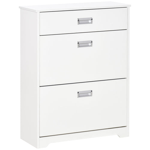 Narrow Shoe Storage with Drawer, 2 Flip Doors and Adjustable Shelves, Shoe Cabinet for 16 Pairs of Shoes, White