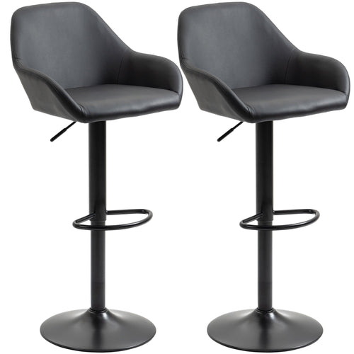 Adjustable Bar Stools Set of 2, Swivel Barstools with Footrest and Back, PU Leather and Steel Round Base, for Kitchen Counter and Dining Room, Black