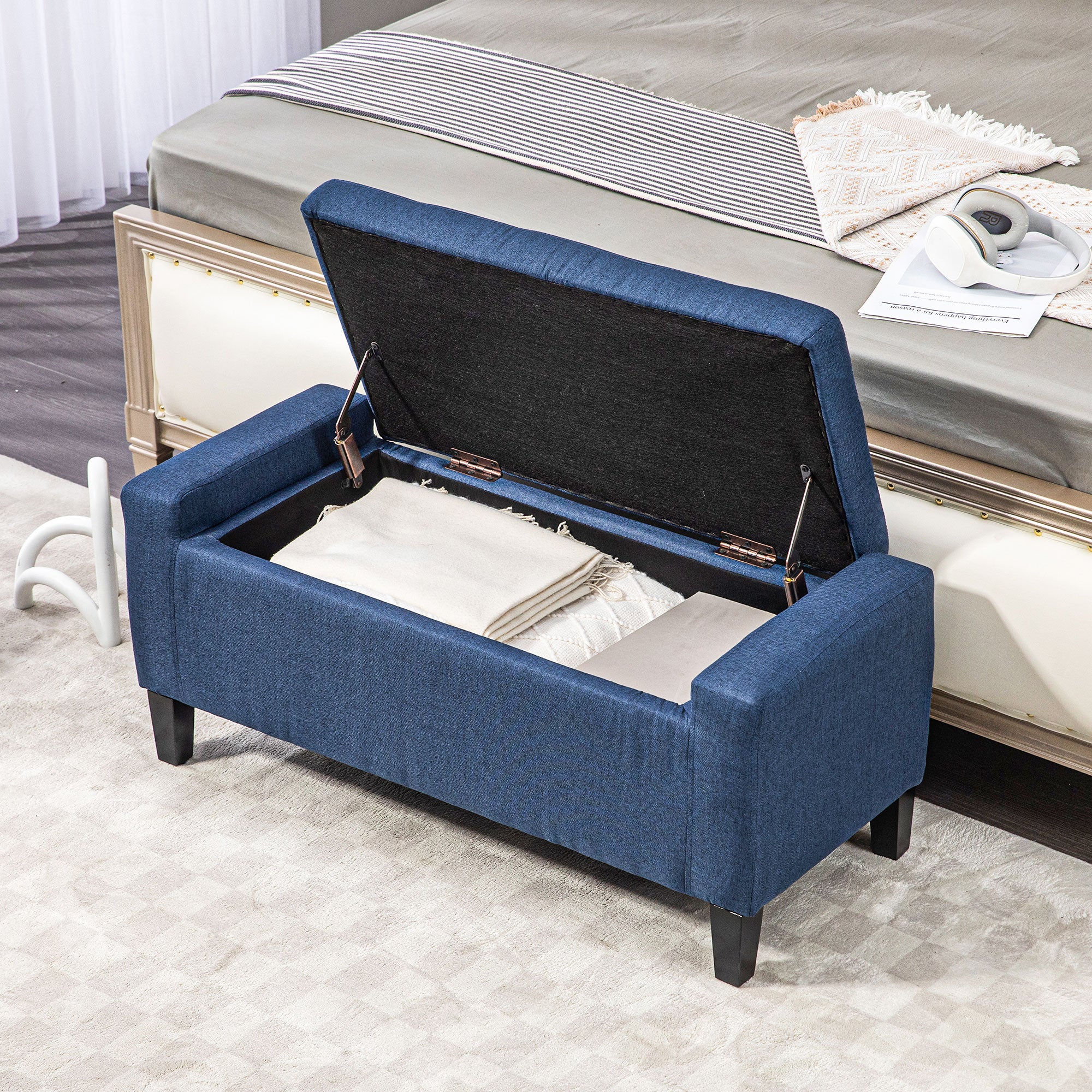 Storage Ottoman Bench, Linen Upholstered Bench with Tufted Design, Dark Blue Storage Ottomans & Benches at Gallery Canada