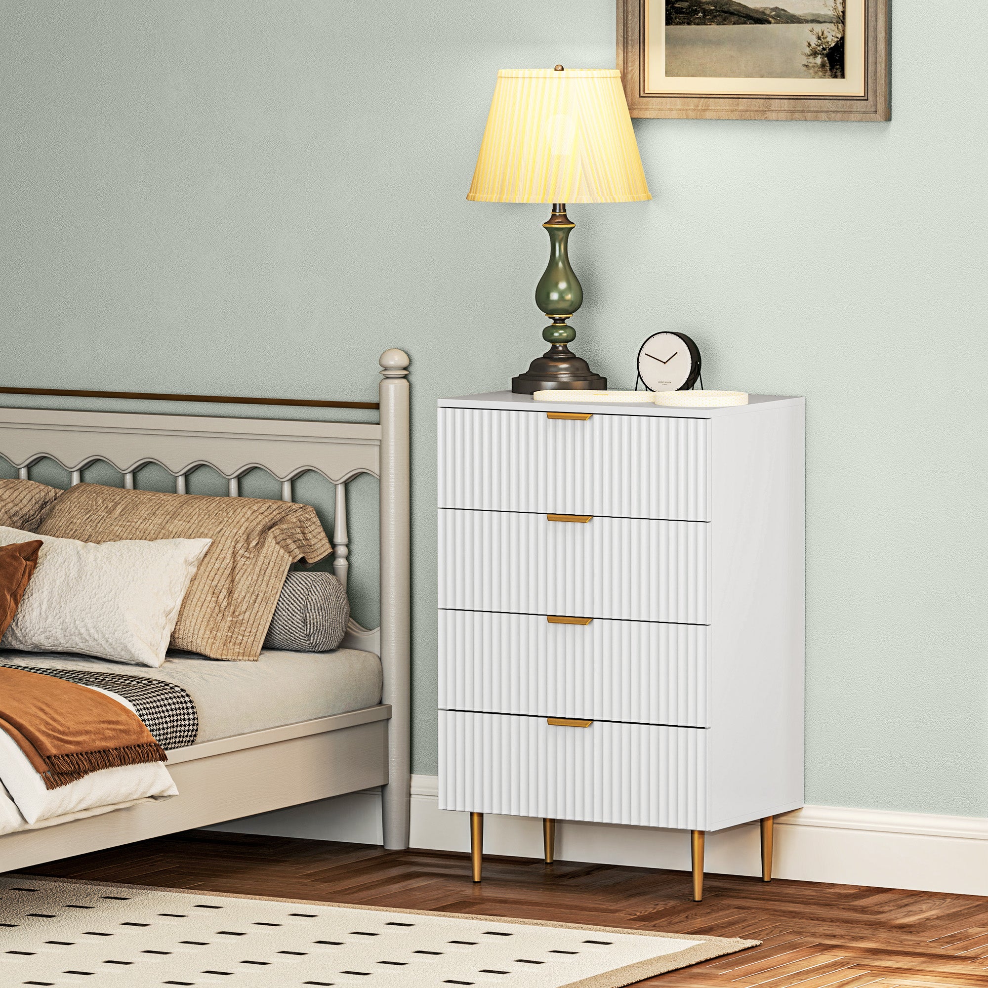 Modern Chest of Drawers 4 Drawer Dresser for Bedroom with Gold Legs and Handles, White Storage Cabinets at Gallery Canada