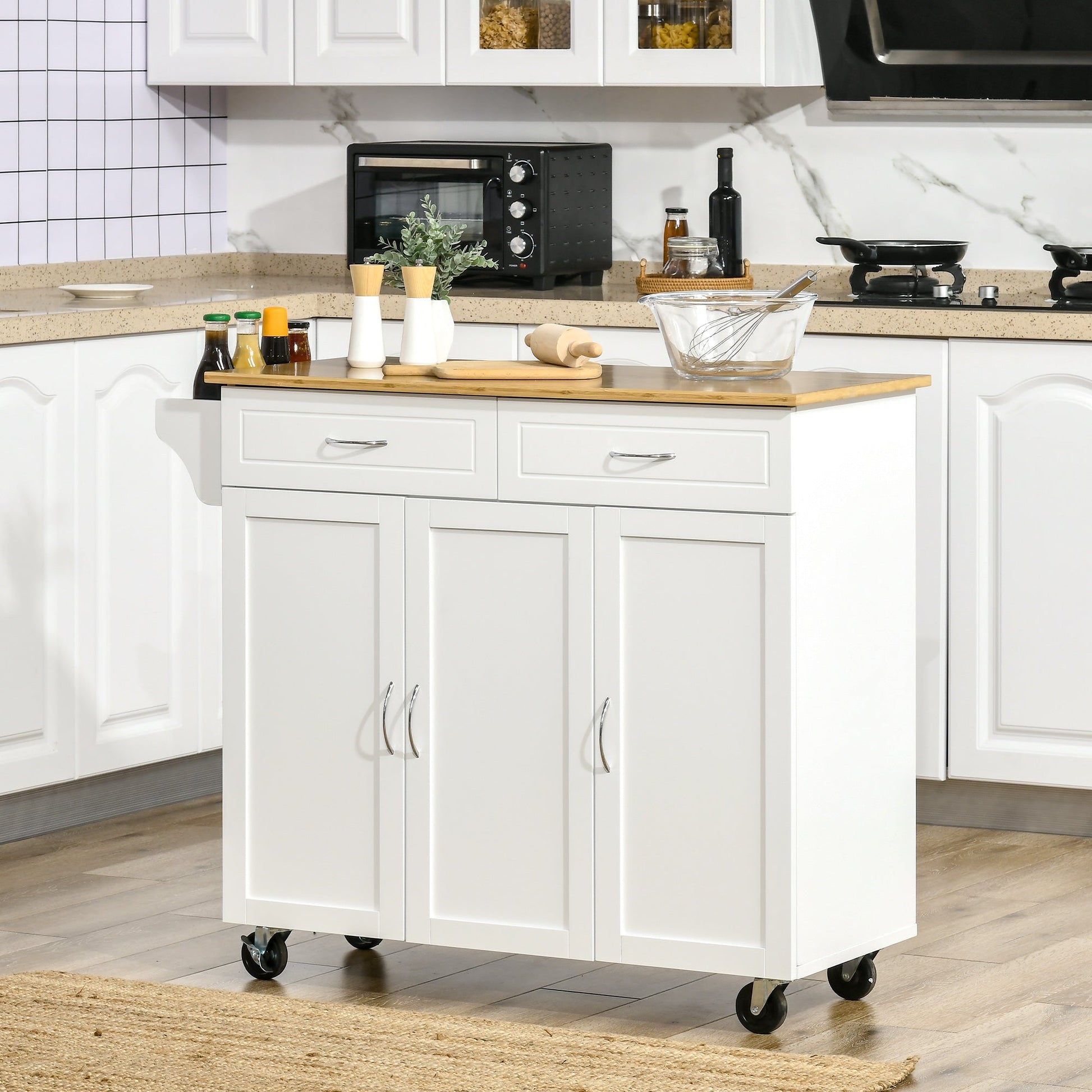 Rolling Kitchen Island Cart on Wheels with Large Bamboo Countertop, 2 Cabinets with Drawers, Adjustable Shelves, White Kitchen Islands & Kitchen Carts   at Gallery Canada