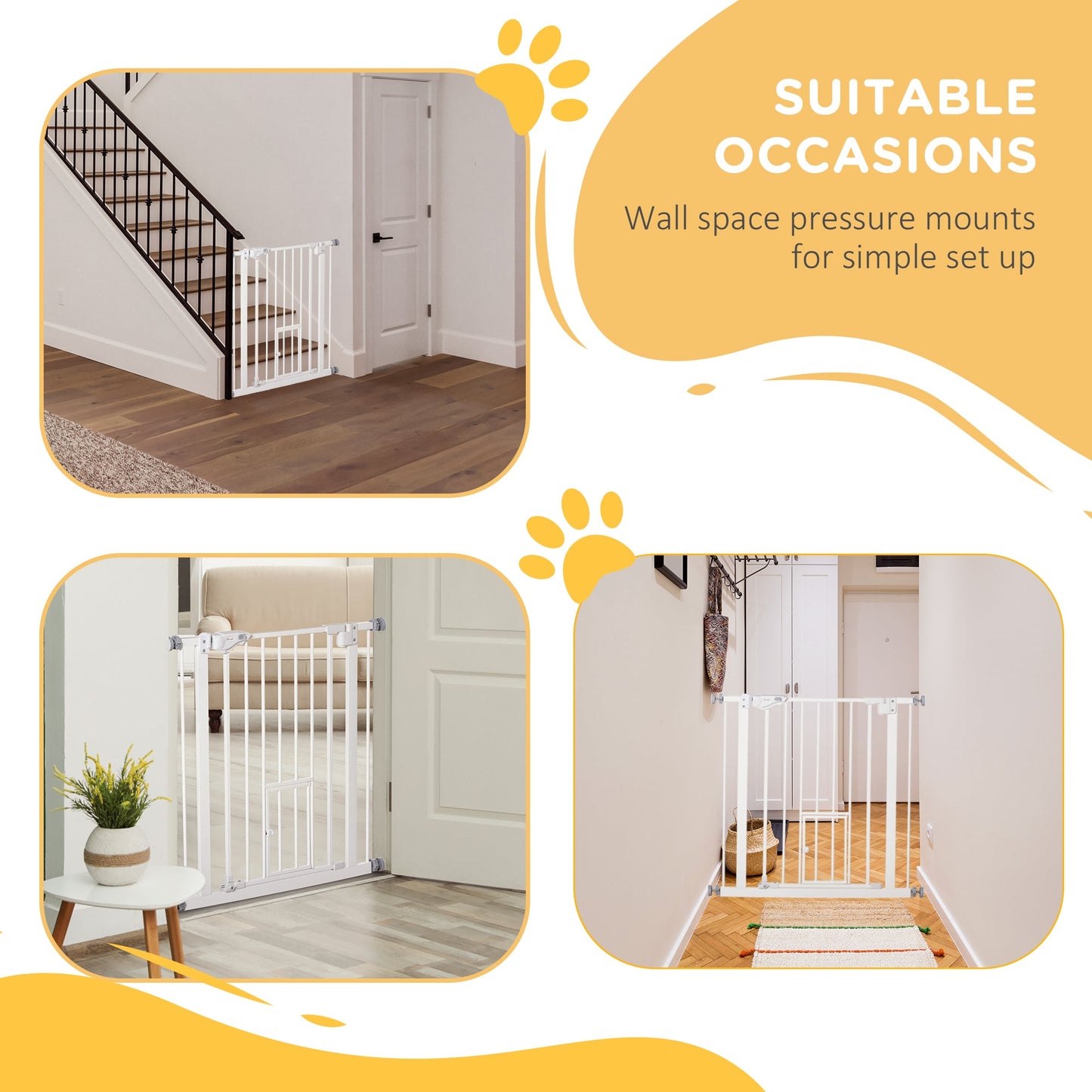 Pet Gate Extra Wide Press-Mounted with Cat Door, Auto Closing Pet Gate for Stair, Hallway, 29-32 Inch, White Houses, Kennels & Pens   at Gallery Canada