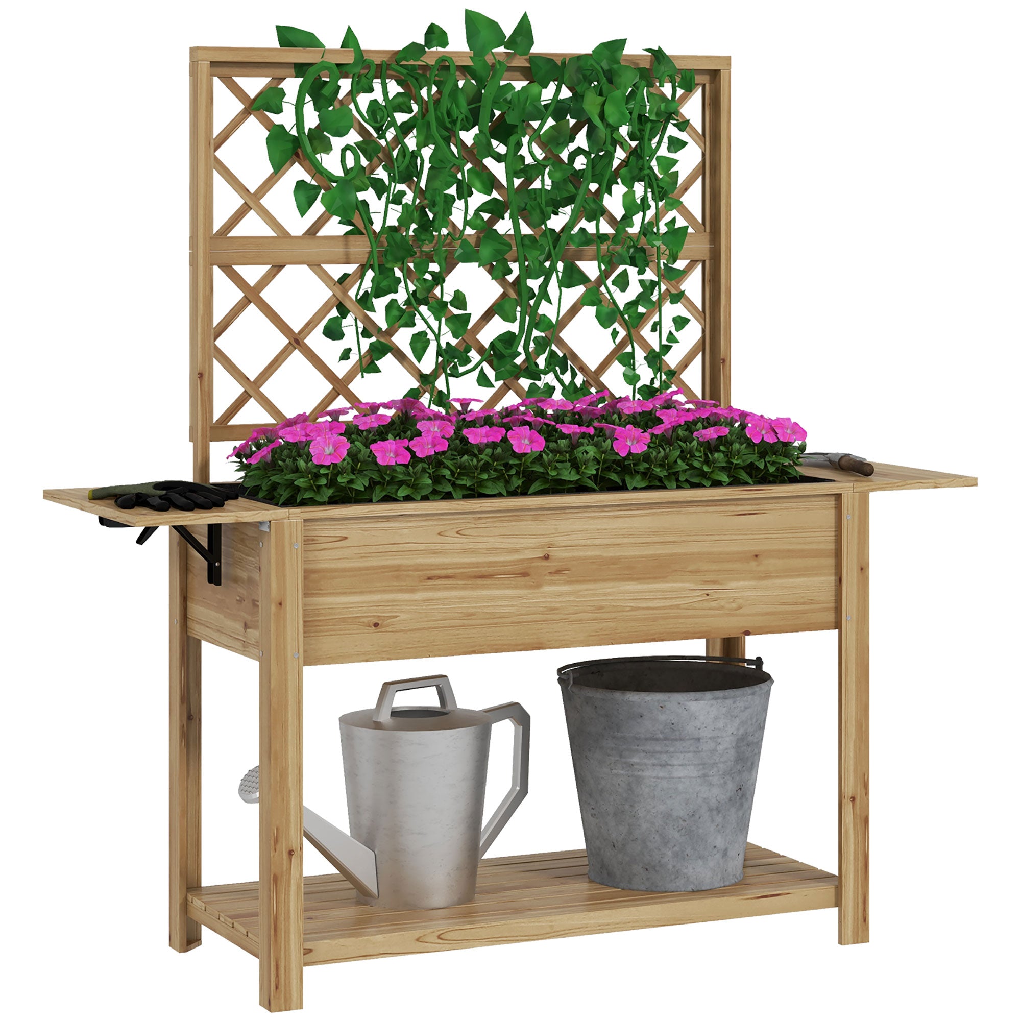 Wood Planter with Trellis for Climbing Plants, Raised Garden Bed with Foldable Shelves, 55.1