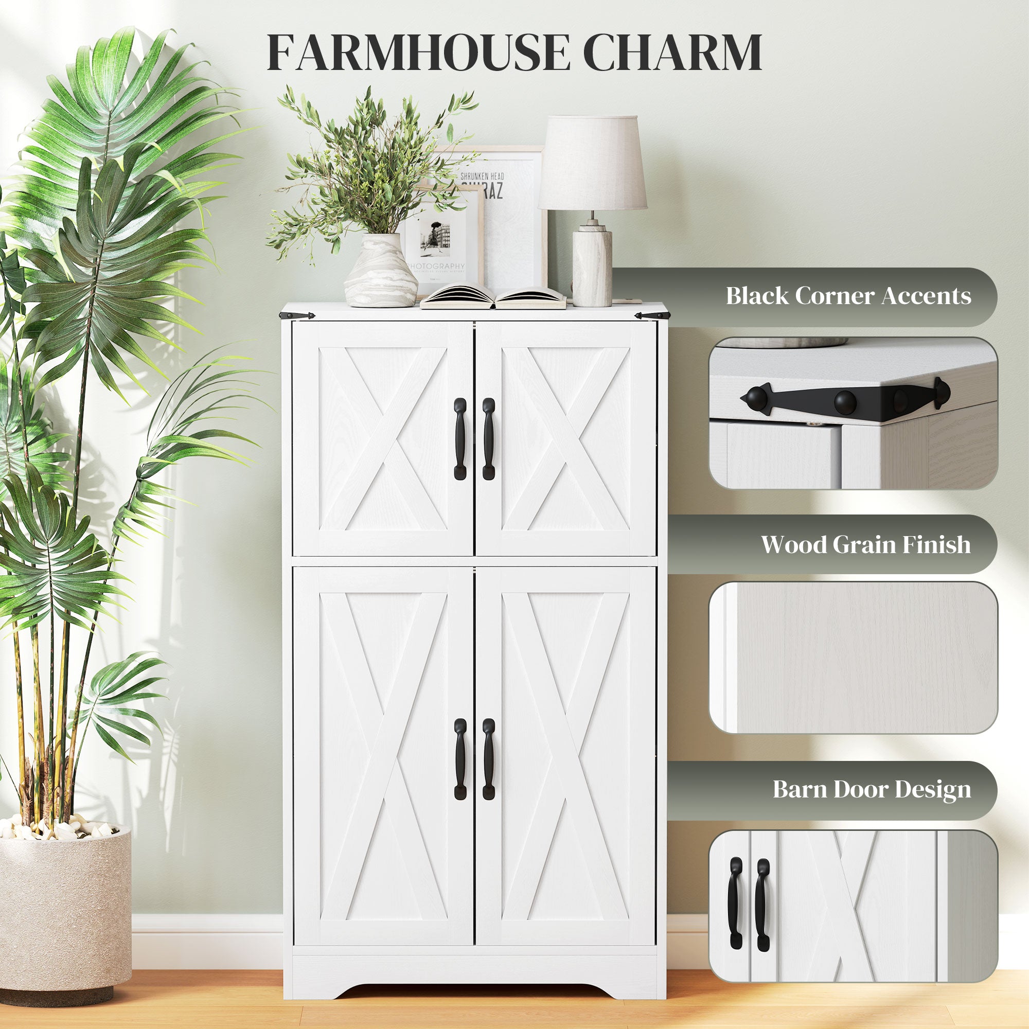 Farmhouse Kitchen Pantry, Freestanding Kitchen Pantry Storage Cabinet with Barn Doors and Adjustable Shelves, White Kitchen Pantry Cabinets at Gallery Canada
