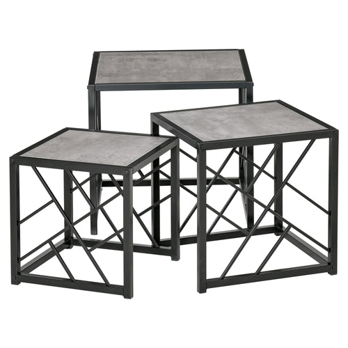 Nest of Tables Set of 3, Square Coffee Table Set with Metal Frame for Living Room, Bedroom, Grey