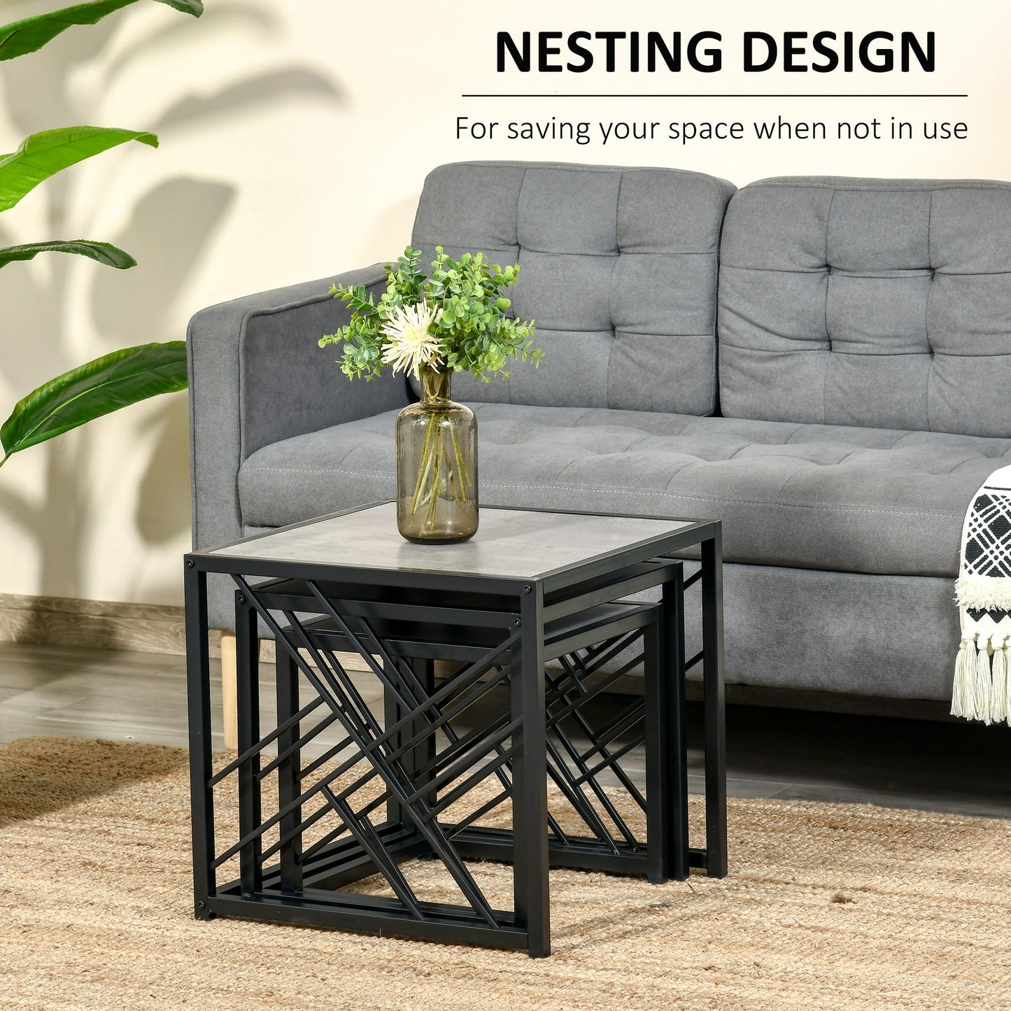 Nest of Tables Set of 3, Square Coffee Table Set with Metal Frame for Living Room, Bedroom, Grey Coffee Tables   at Gallery Canada