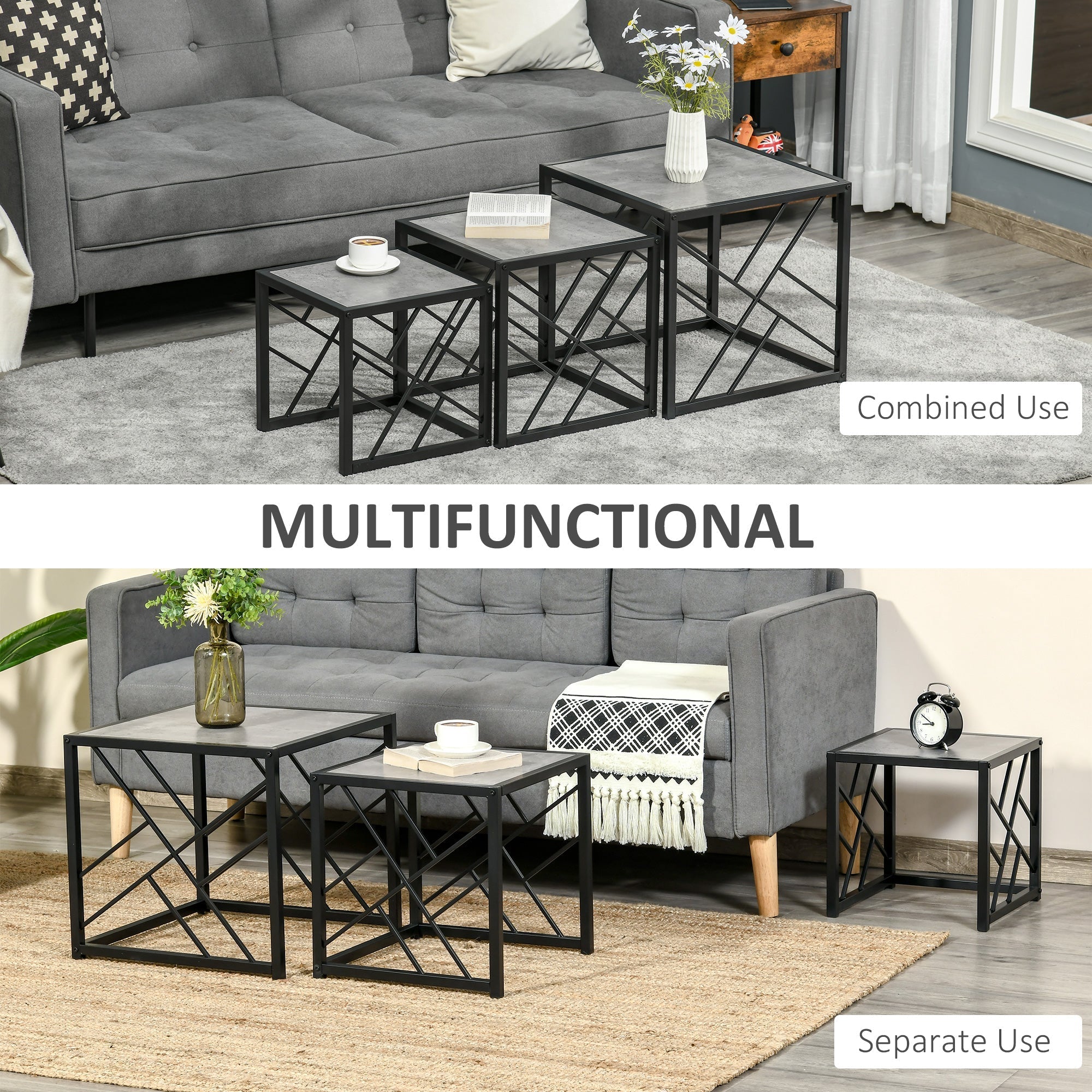 Nest of Tables Set of 3, Square Coffee Table Set with Metal Frame for Living Room, Bedroom, Grey Coffee Tables   at Gallery Canada