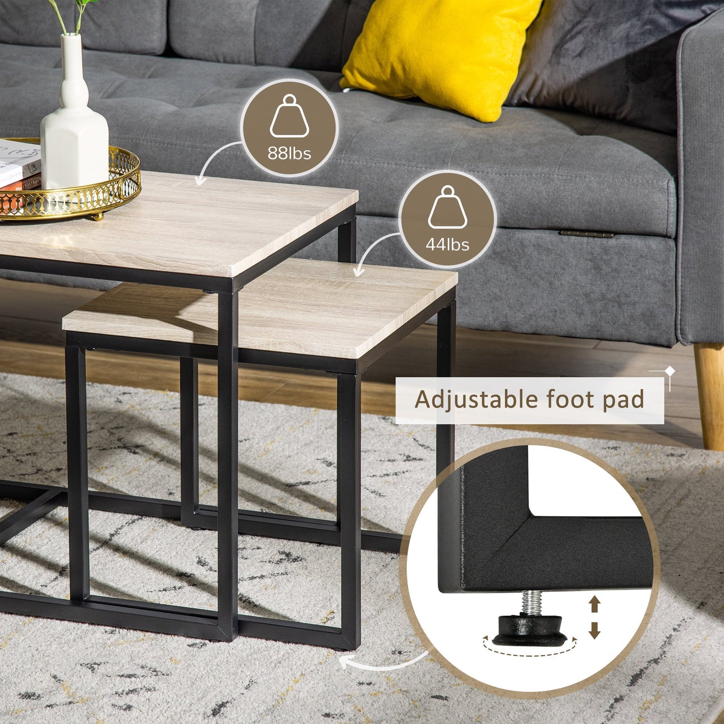 Nesting Coffee Table Set of 3, Modern End Tables with Black Metal Frame for Living Room Home Furniture, Natural Coffee Tables   at Gallery Canada