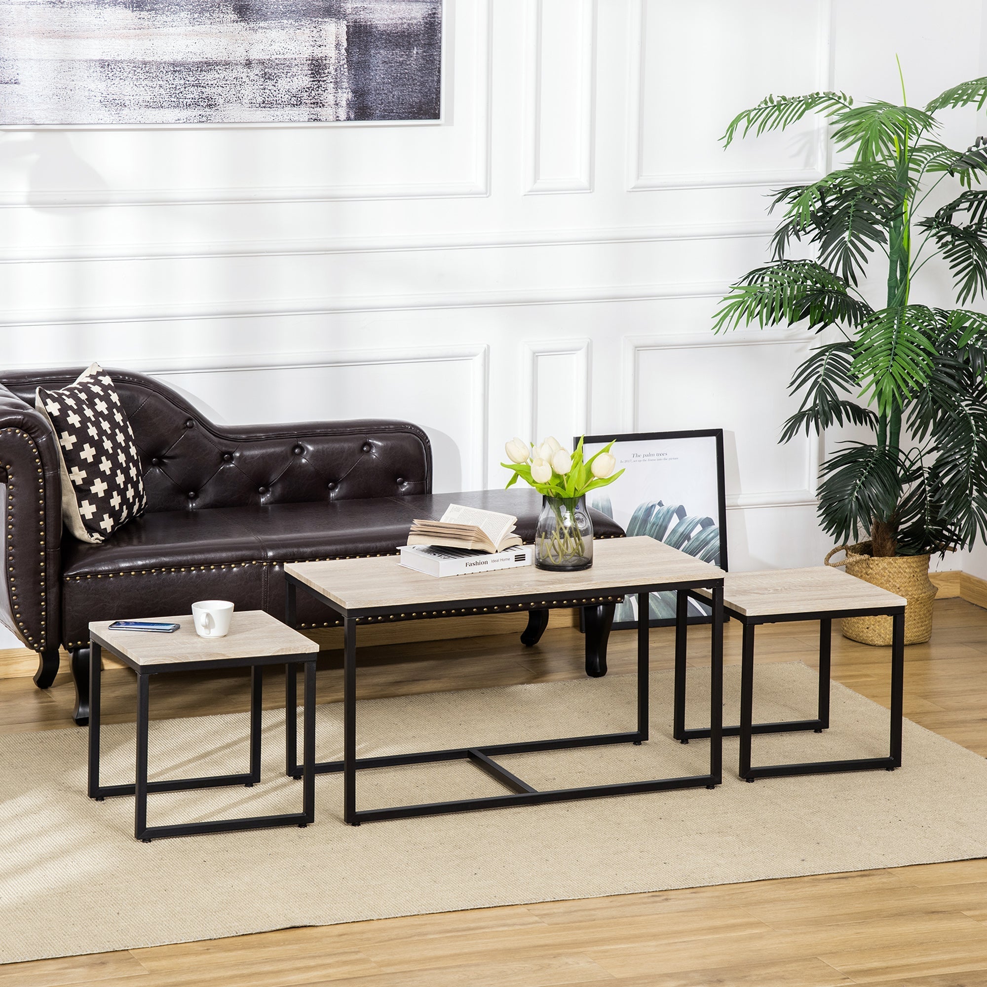 Nesting Coffee Table Set of 3, Modern End Tables with Black Metal Frame for Living Room Home Furniture, Natural Coffee Tables   at Gallery Canada