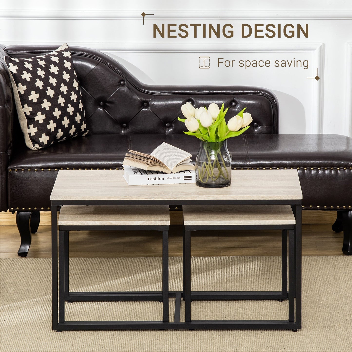 Nesting Coffee Table Set of 3, Modern End Tables with Black Metal Frame for Living Room Home Furniture, Natural Coffee Tables   at Gallery Canada