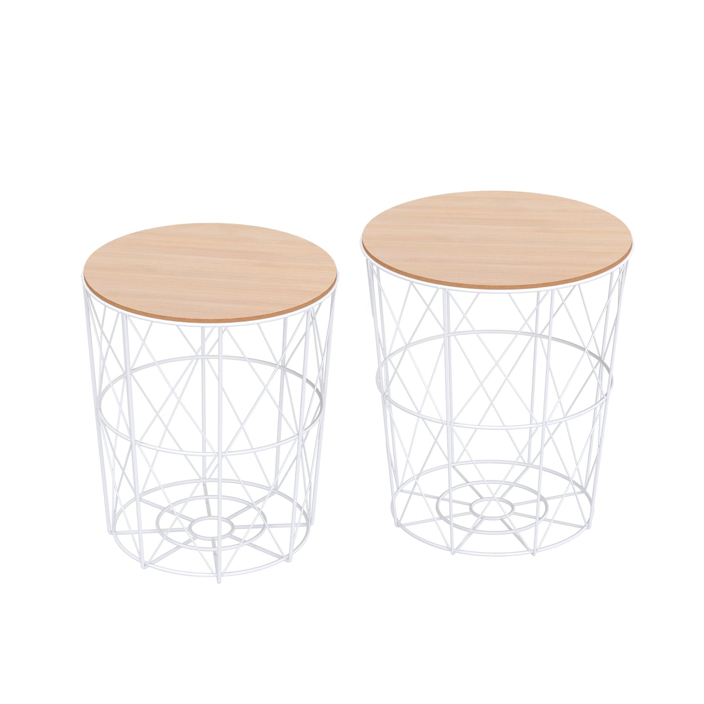 Nesting Coffee Tables Set of 2 with Metal Wire, Storage Basket, Round Side Table End Table for Living Room, Bedroom, White and Natural Side Tables   at Gallery Canada