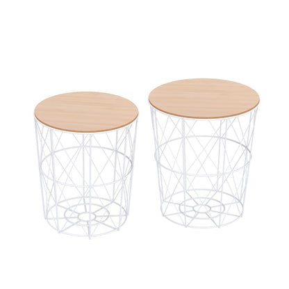 Nesting Coffee Tables Set of 2 with Metal Wire, Storage Basket, Round Side Table End Table for Living Room, Bedroom, White and Natural Side Tables   at Gallery Canada