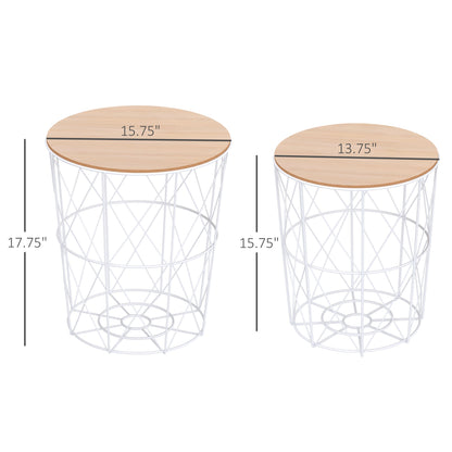 Nesting Coffee Tables Set of 2 with Metal Wire, Storage Basket, Round Side Table End Table for Living Room, Bedroom, White and Natural Side Tables Multi Colour  at Gallery Canada