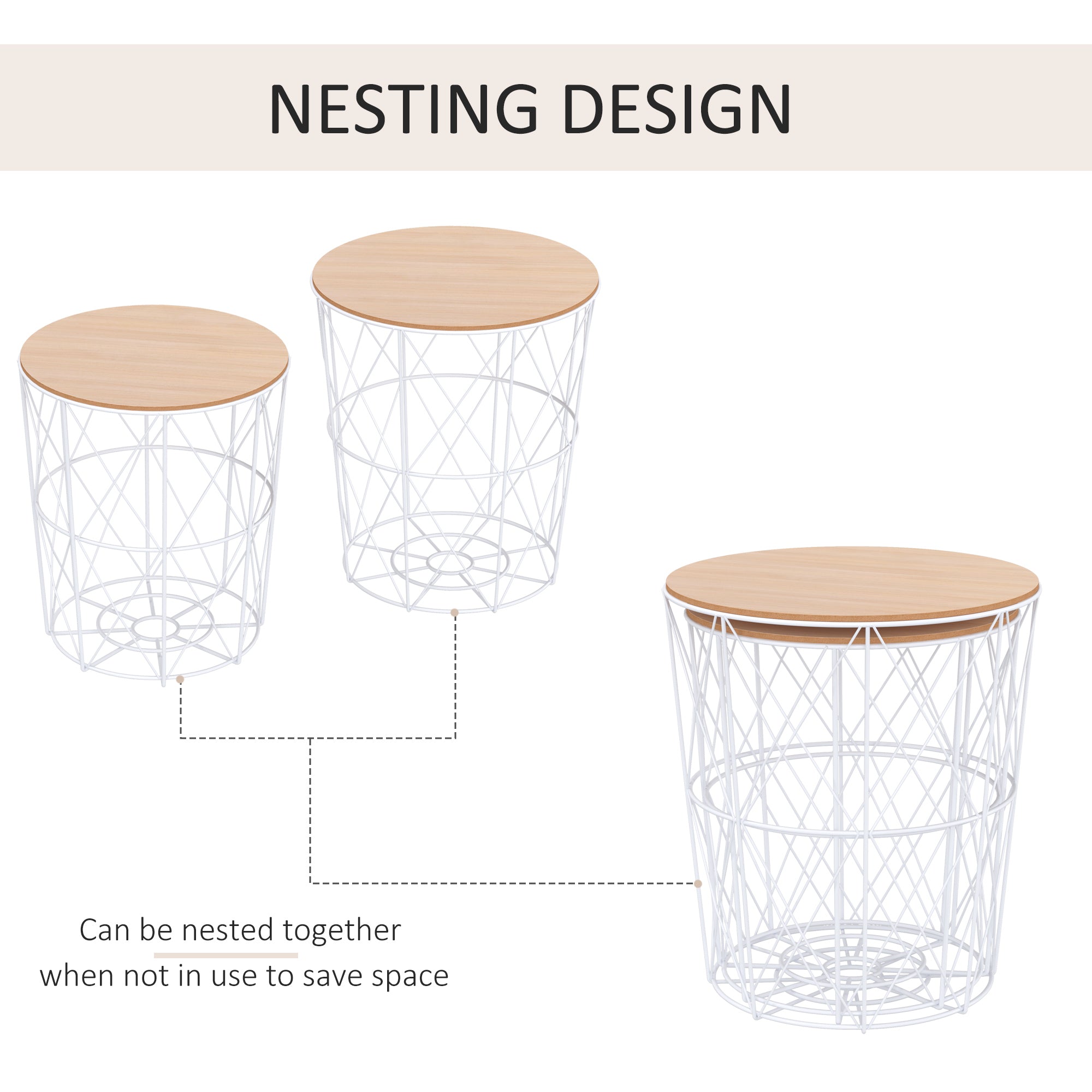 Nesting Coffee Tables Set of 2 with Metal Wire, Storage Basket, Round Side Table End Table for Living Room, Bedroom, White and Natural Side Tables   at Gallery Canada