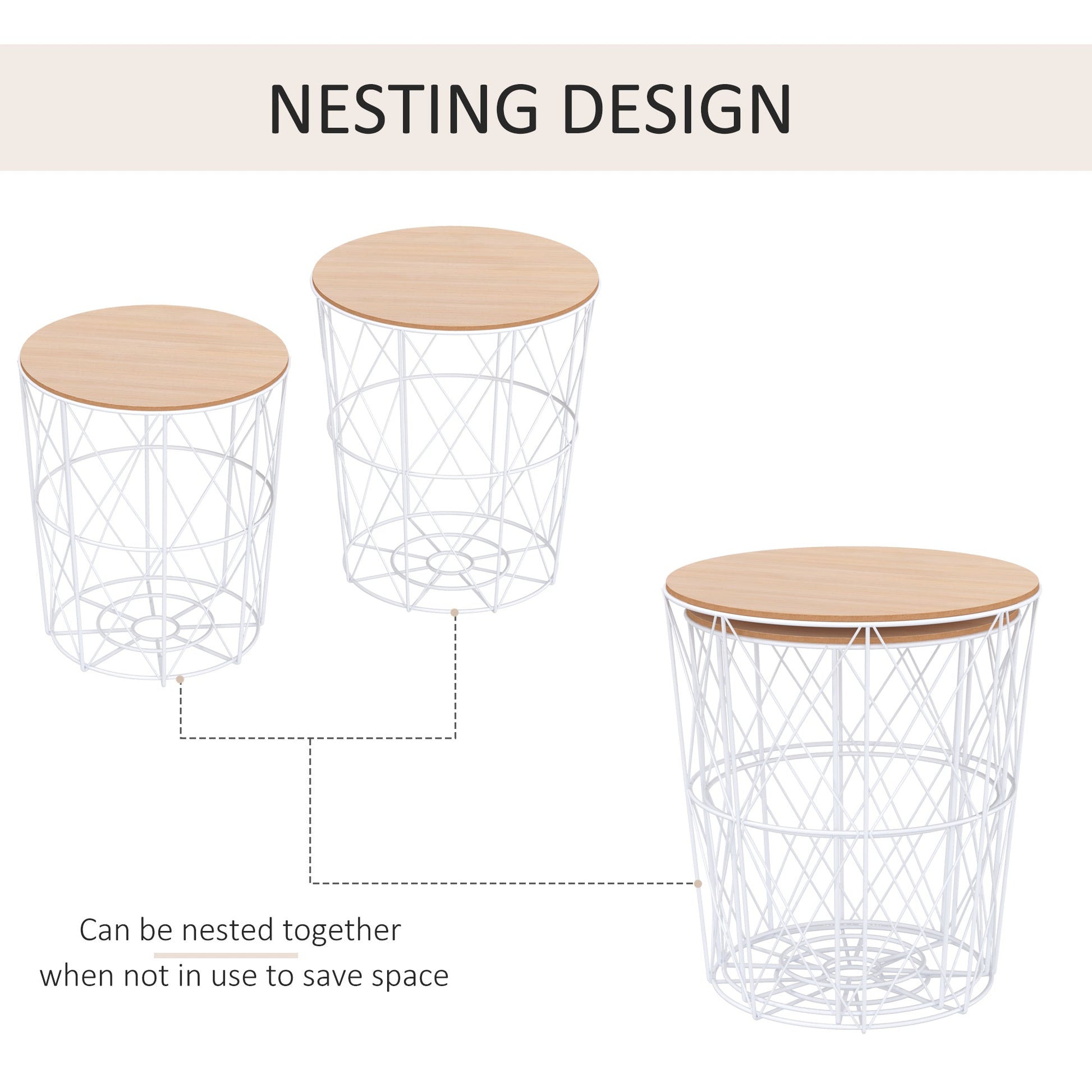 Nesting Coffee Tables Set of 2 with Metal Wire, Storage Basket, Round Side Table End Table for Living Room, Bedroom, White and Natural Side Tables   at Gallery Canada