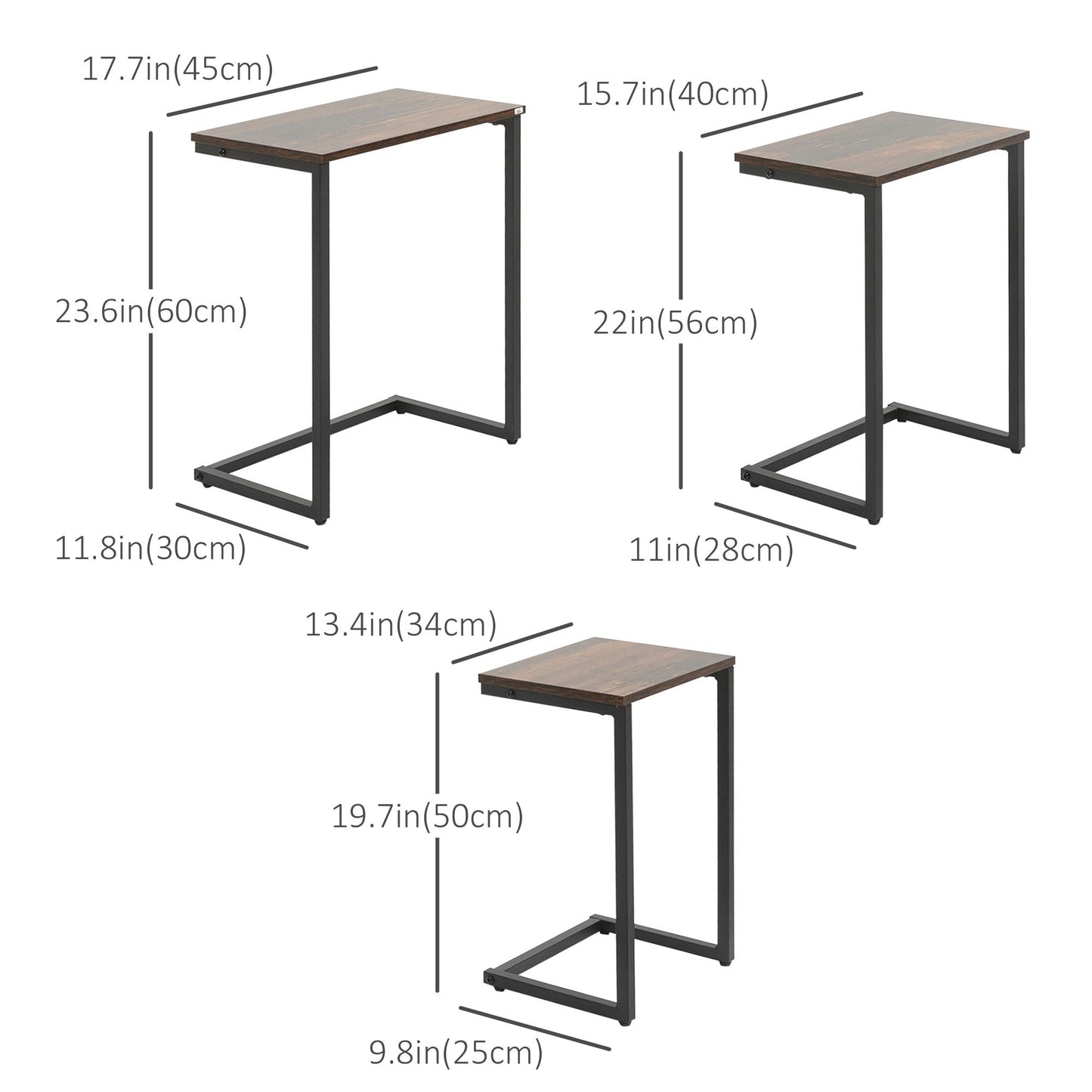 Nesting End Tables Set of 3, C-Shaped Snack Side Table with Steel Frame for Sofa Couch and Bed, Rustic Brown Side Tables   at Gallery Canada