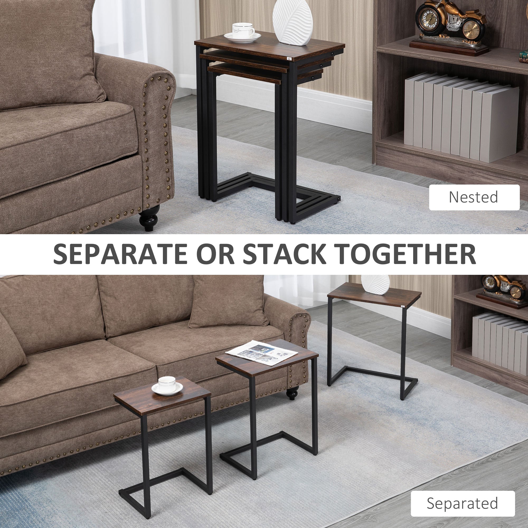 Nesting End Tables Set of 3, C-Shaped Snack Side Table with Steel Frame for Sofa Couch and Bed, Rustic Brown Side Tables   at Gallery Canada