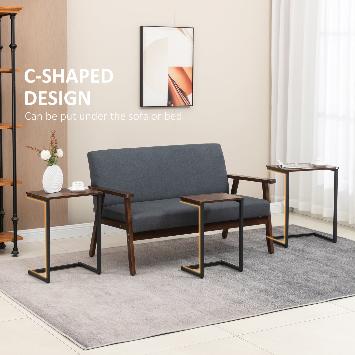 Nesting End Tables Set of 3, C-Shaped Snack Side Table with Steel Frame for Sofa Couch and Bed, Rustic Brown Side Tables   at Gallery Canada