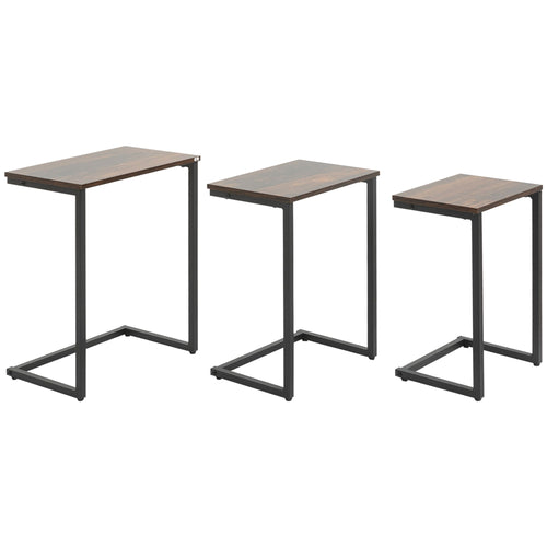 Nesting End Tables Set of 3, C-Shaped Snack Side Table with Steel Frame for Sofa Couch and Bed, Rustic Brown