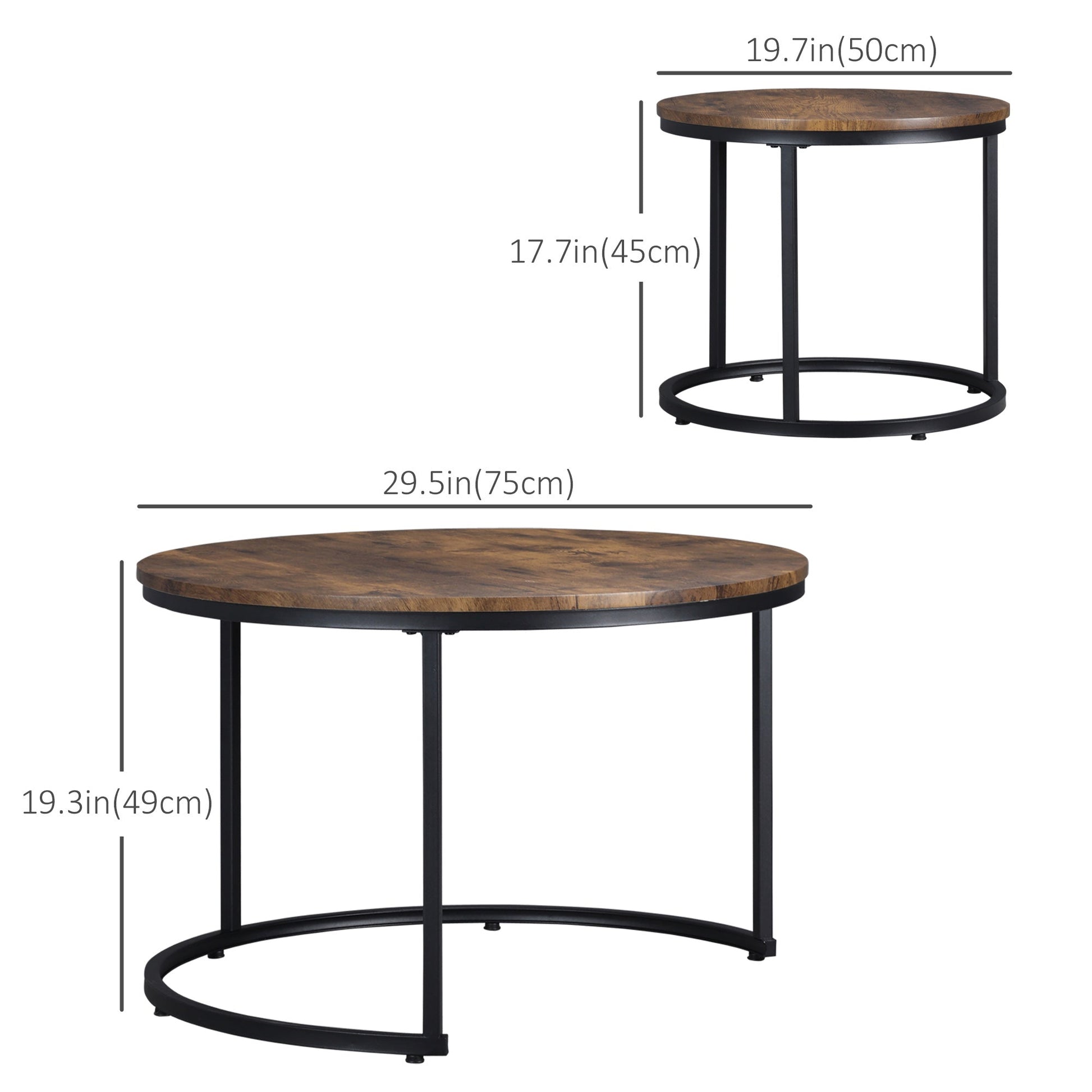 Nesting Tables, 29" Round Coffee Table Set of 2, Modern Side Tables for Living Room with Metal Base, Rustic Brown Coffee Tables   at Gallery Canada