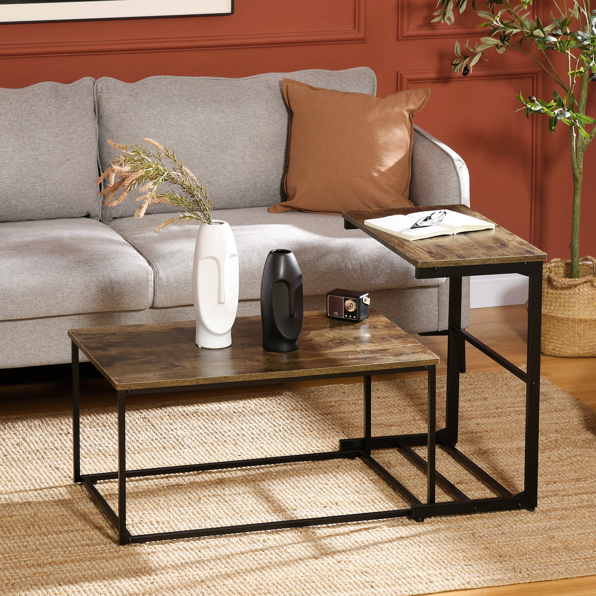 Nesting Tables Set of 2, Industrial Style Coffee Table Set with Metal Frame &; Adjustable Foot Pads for Living Room, Bed Room, Brown Coffee Tables   at Gallery Canada