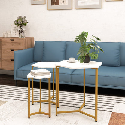 Nesting Tables Set of 3, Hexagon Side End Table with Marble Effect Top and Steel Legs for Living Room Bedroom, White and Gold Side Tables   at Gallery Canada