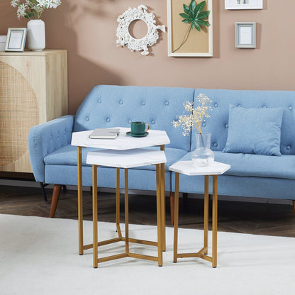 Nesting Tables Set of 3, Hexagon Side End Table with Marble Effect Top and Steel Legs for Living Room Bedroom, White and Gold Side Tables   at Gallery Canada