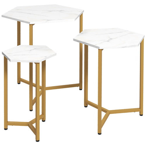 Nesting Tables Set of 3, Hexagon Side End Table with Marble Effect Top and Steel Legs for Living Room Bedroom, White and Gold