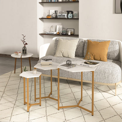 Nesting Tables Set of 3, Hexagon Side End Table with Marble Effect Top and Steel Legs for Living Room Bedroom, White and Gold Side Tables   at Gallery Canada