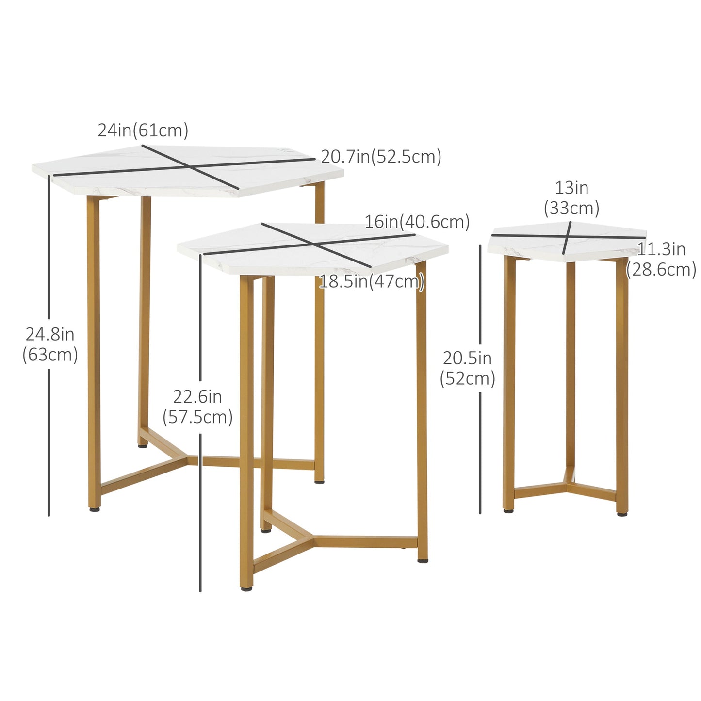 Nesting Tables Set of 3, Hexagon Side End Table with Marble Effect Top and Steel Legs for Living Room Bedroom, White and Gold Side Tables   at Gallery Canada