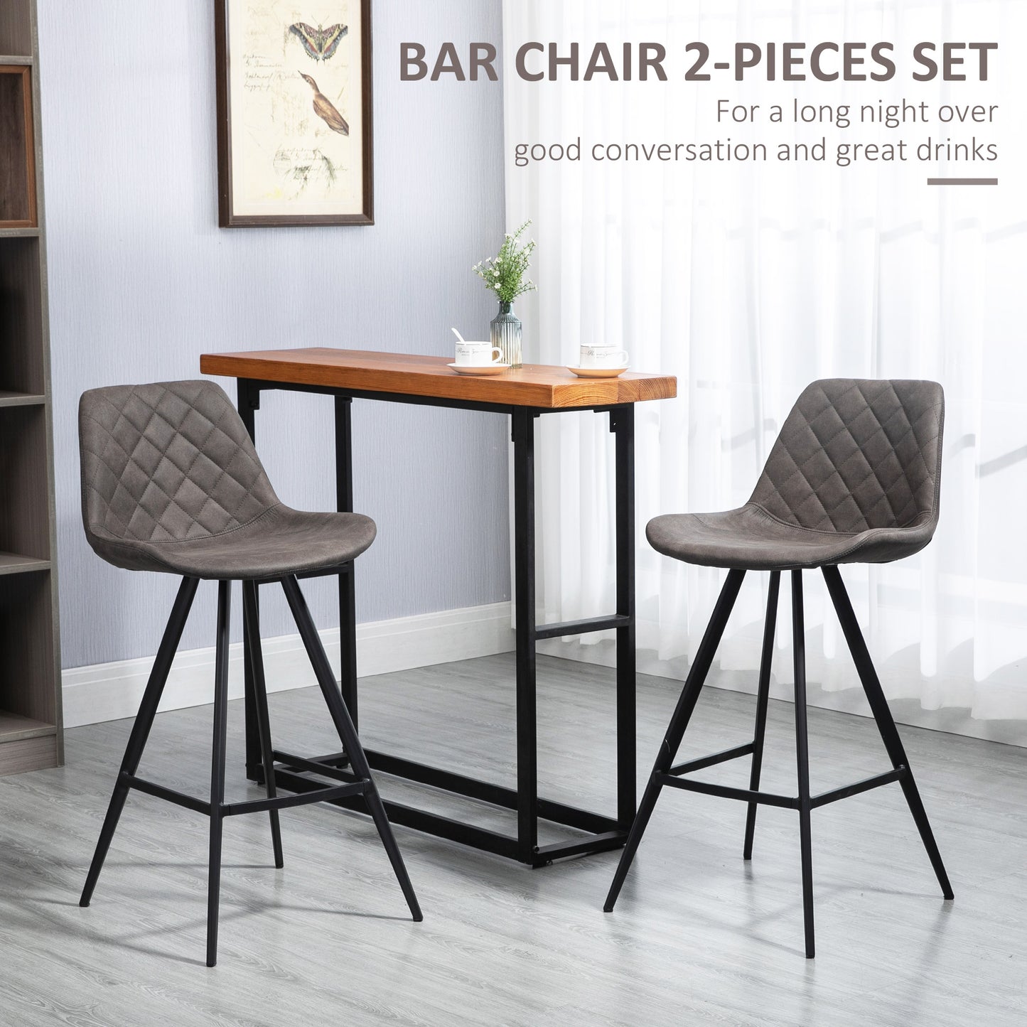 Set of 2 Microfiber Cloth Bar Stools, Multi-functional Kitchen Stools, Bar Chair with Metal Leg Padded Cushion Seat for Dining, Charcoal Grey Bar Stools   at Gallery Canada