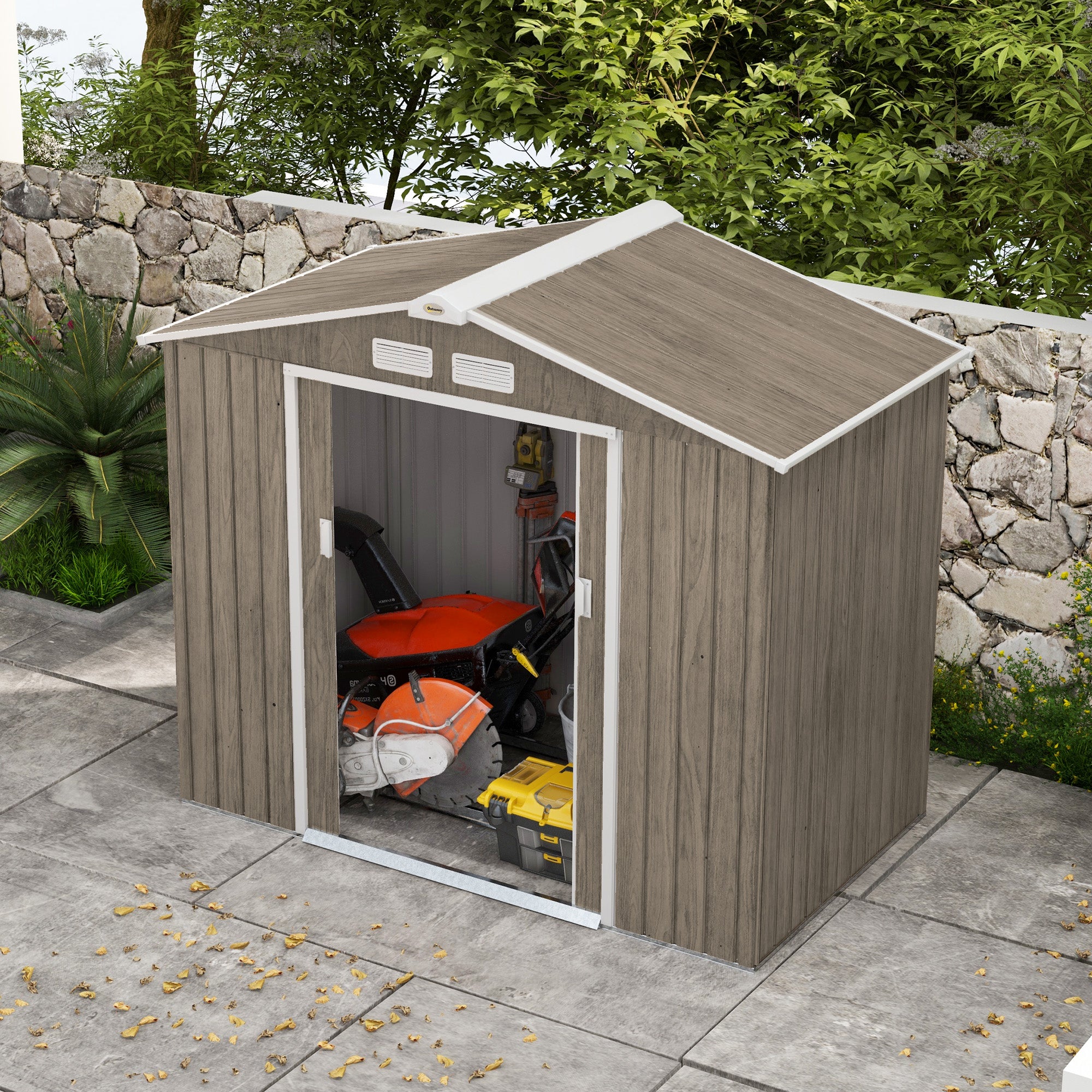 7' x 4' x 6' Garden Storage Shed Outdoor Patio Metal Tool Storage House w/ Foundation Kit and Double Doors Light Brown Sheds at Gallery Canada